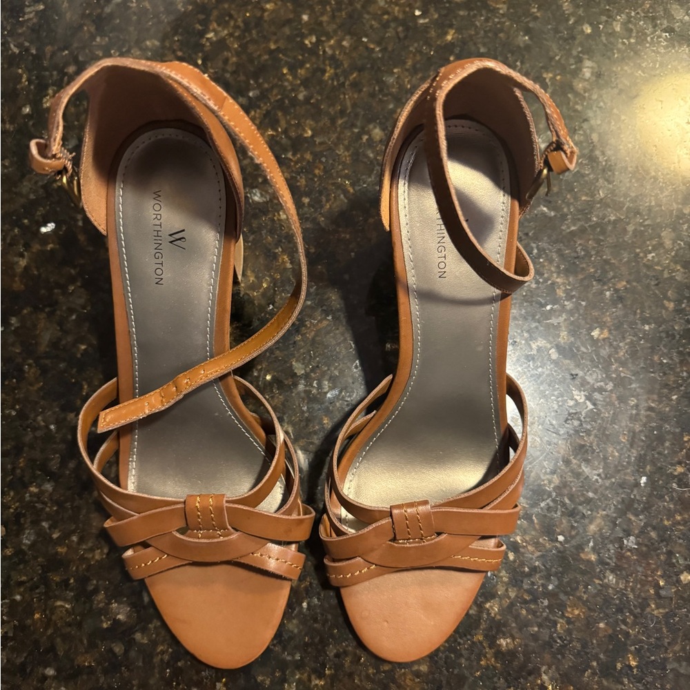 Worthington Tan Heels Ankle Strap Classic